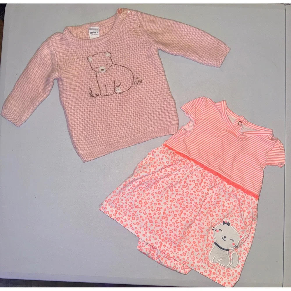 Carter's Sweater and Bodysuit Dress Set Baby Girls 3M Pink Coral Bear Kitty